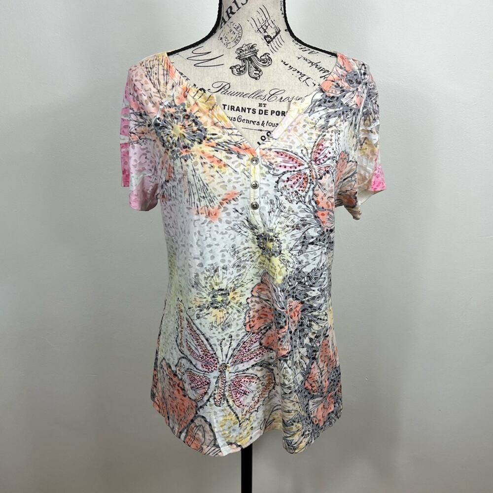 Style & co bedazzled floral butterfly short sleeve v-neck lightweight shirt